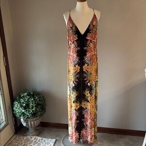 Free People Wildflower black Multicolor print slip maxi Dress rayon adj straps M
